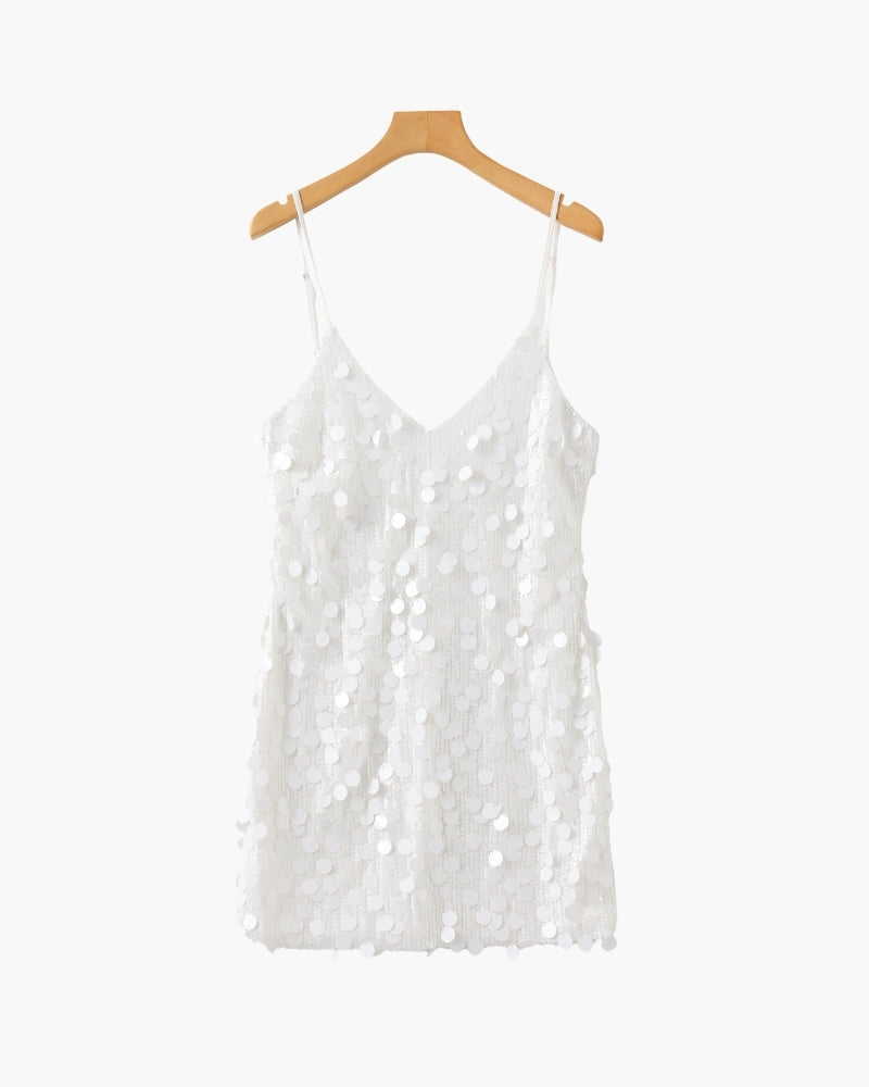 Women's Sequin Mini Dress With Fine Shoulder Straps - White