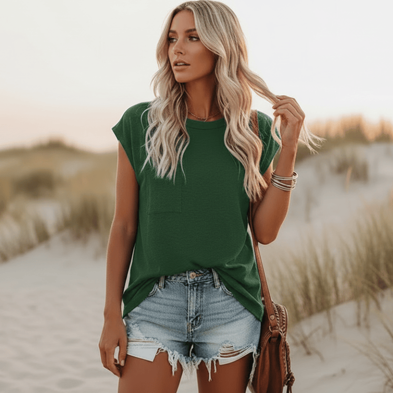 Women's Short Sleeve T-Shirt With Relaxed Round Neck - Green