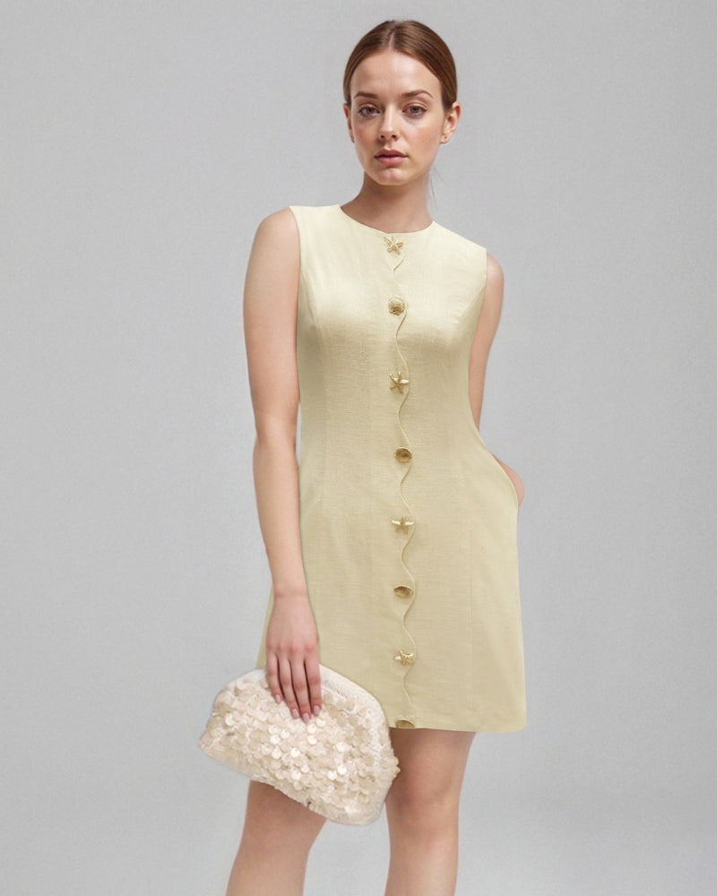 Women's Sleeveless Button-Front Mini Shift Dress - Beige