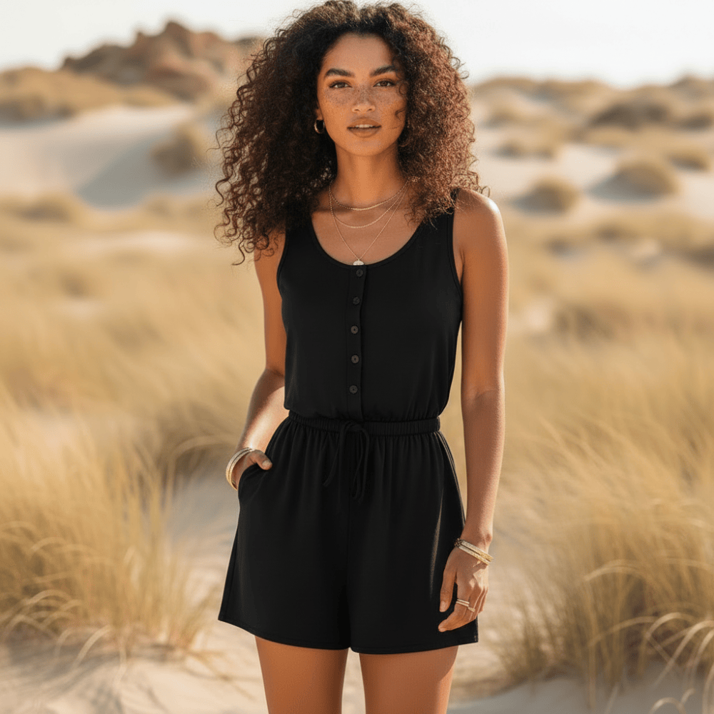 Women's Sleeveless Button Up Romper With Side Pockets - Black