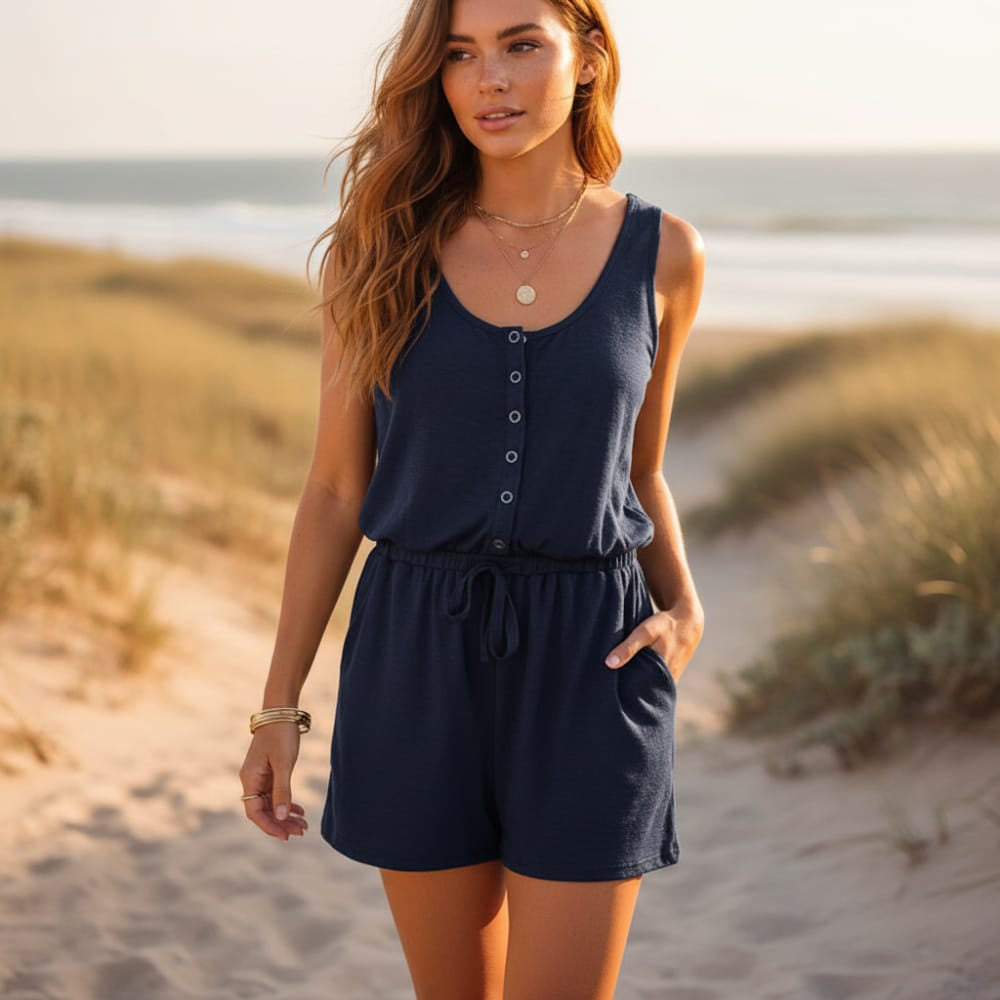 Women's Sleeveless Button Up Romper With Side Pockets - Navy Blue