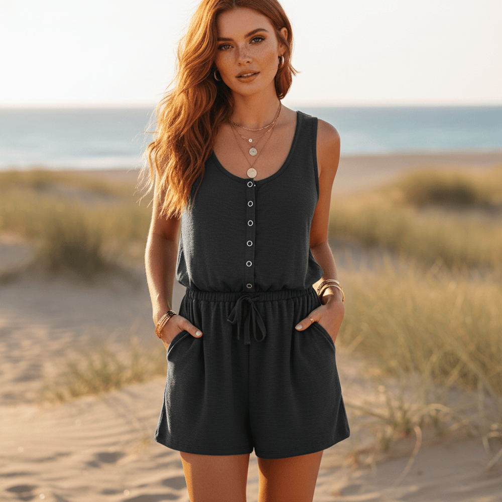 Women's Sleeveless Button Up Romper With Side Pockets - Dark Gray