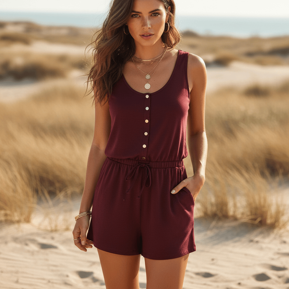 Women's Sleeveless Button Up Romper With Side Pockets - Burgundy