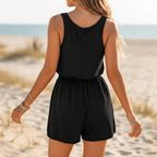 Women's Sleeveless Button Up Romper With Side Pockets - Black