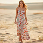 Women's Sleeveless Floral Maxi Dress With V-Neckline - Pink