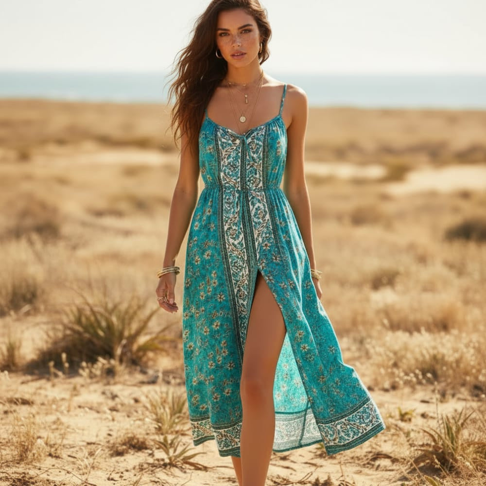 Women's Sleeveless Floral Midi Dress With Front Split - Green