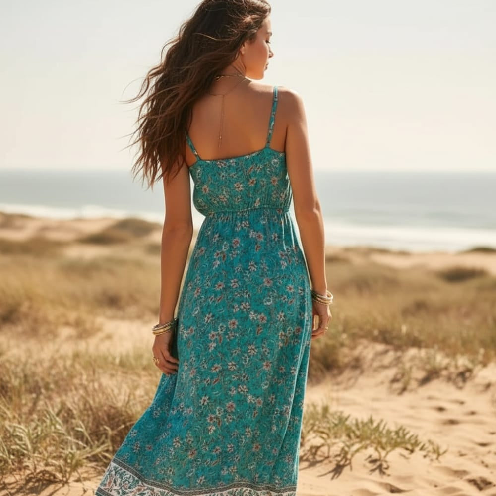 Women's Sleeveless Floral Midi Dress With Front Split - Green