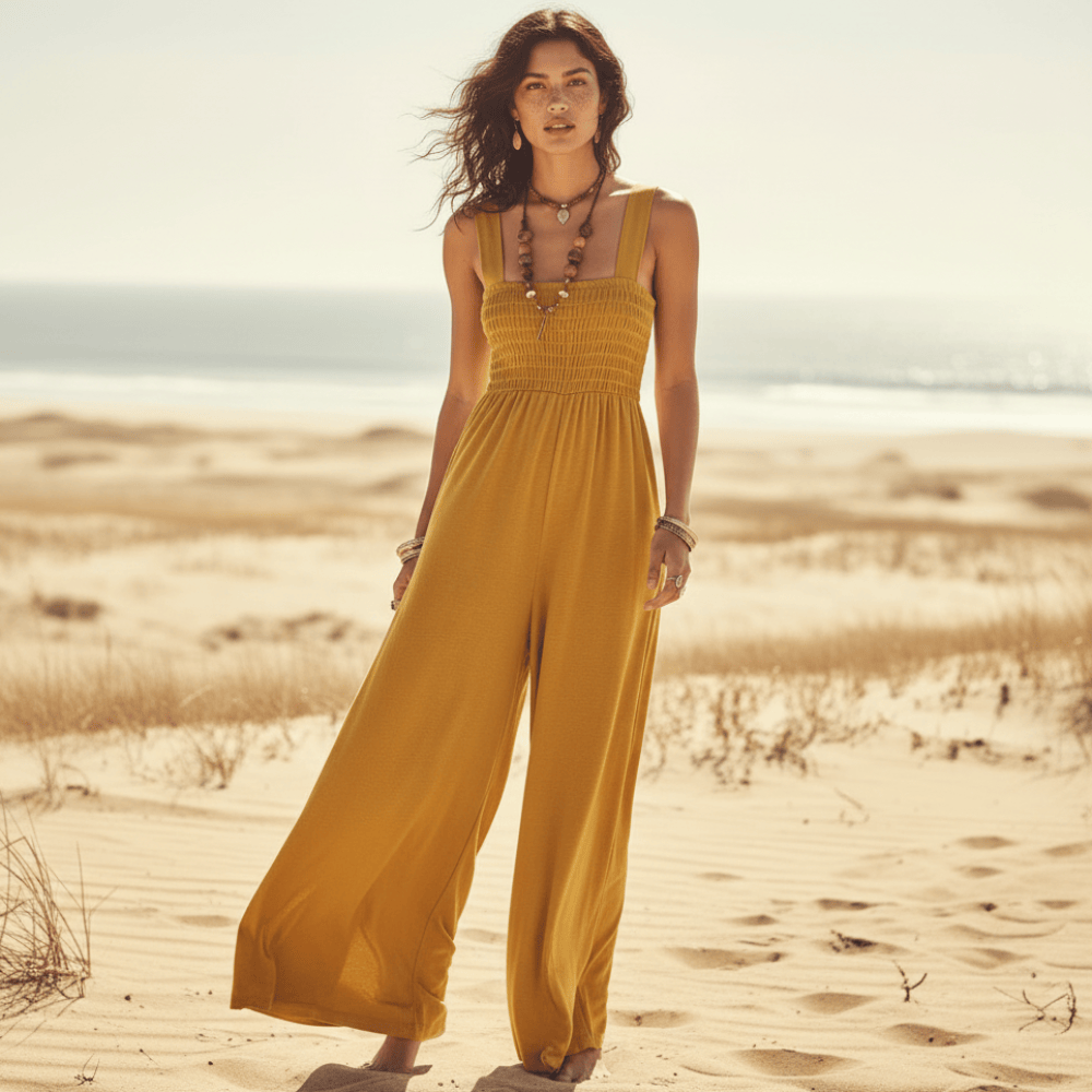 Women's Sleeveless Wide Leg Romper With Square Neck - Yellow
