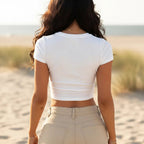 Women's Slim Fit Short Sleeve Crop Top With High Neck - White