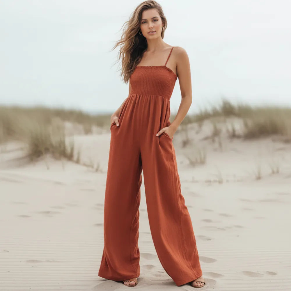 Women's Spaghetti Strap Jumpsuit With Smocked Bodice - Red
