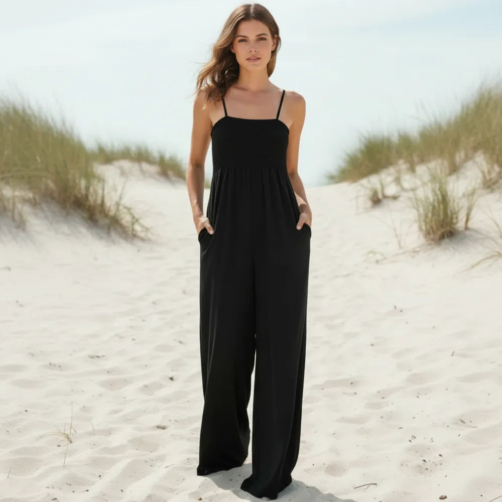 Women's Spaghetti Strap Jumpsuit With Smocked Bodice - Black