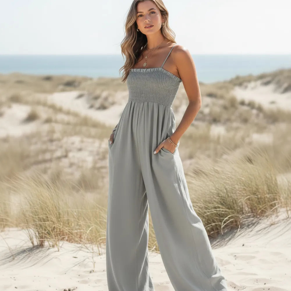 Women's Spaghetti Strap Jumpsuit With Smocked Bodice - Gray