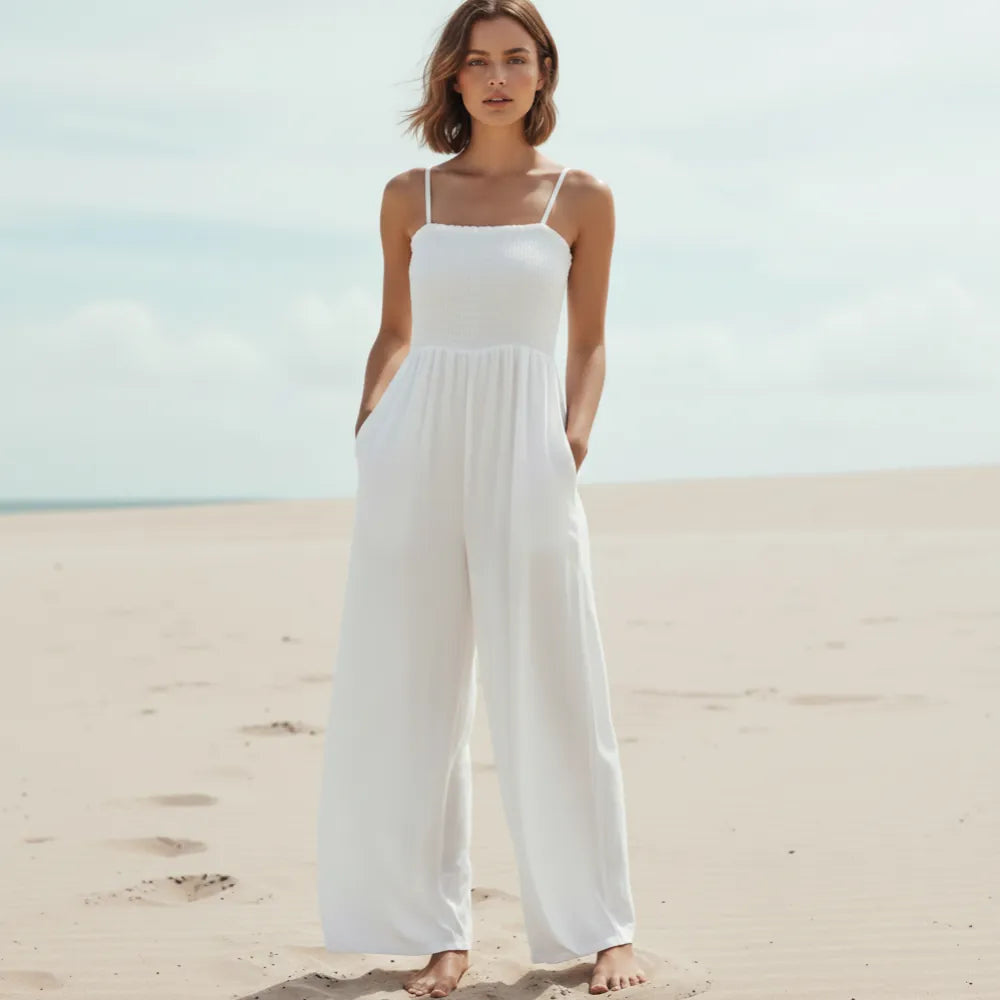 Women's Spaghetti Strap Jumpsuit With Smocked Bodice - White