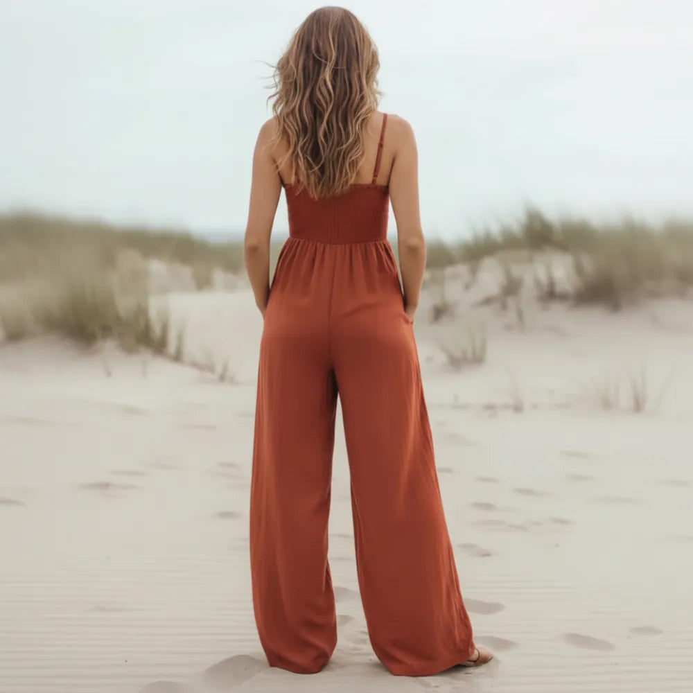 Women's Spaghetti Strap Jumpsuit With Smocked Bodice - Red