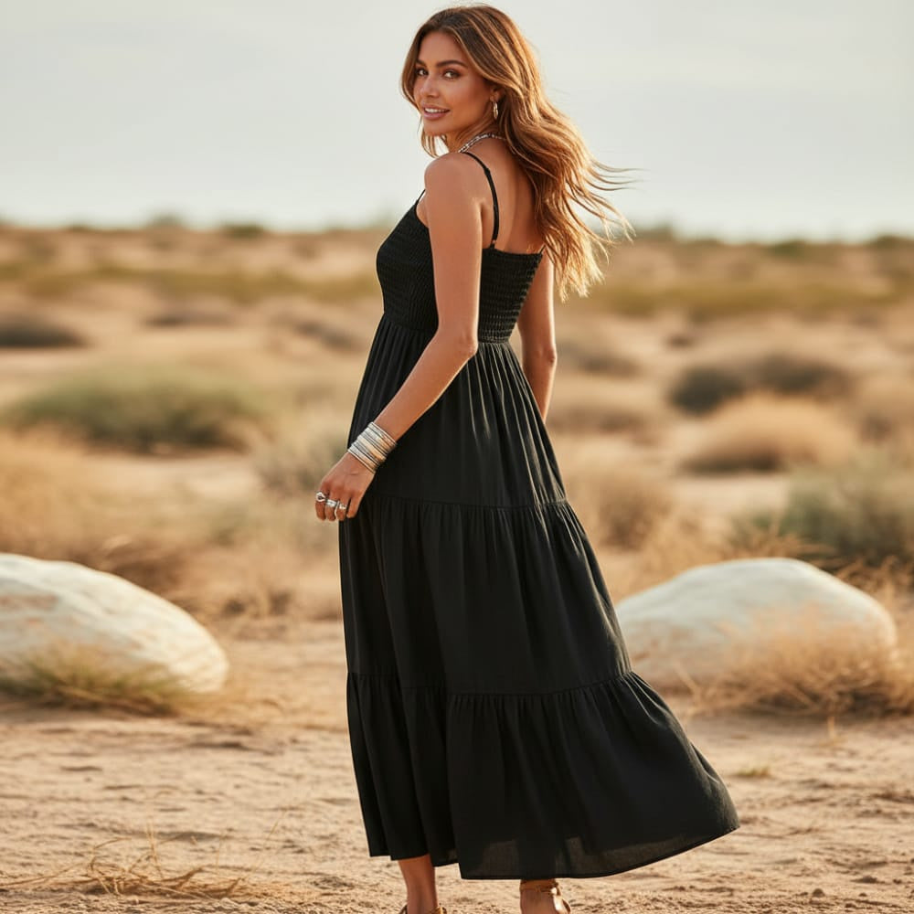 Women's Spaghetti Strap Maxi Dress With Smocked Bodice - Black