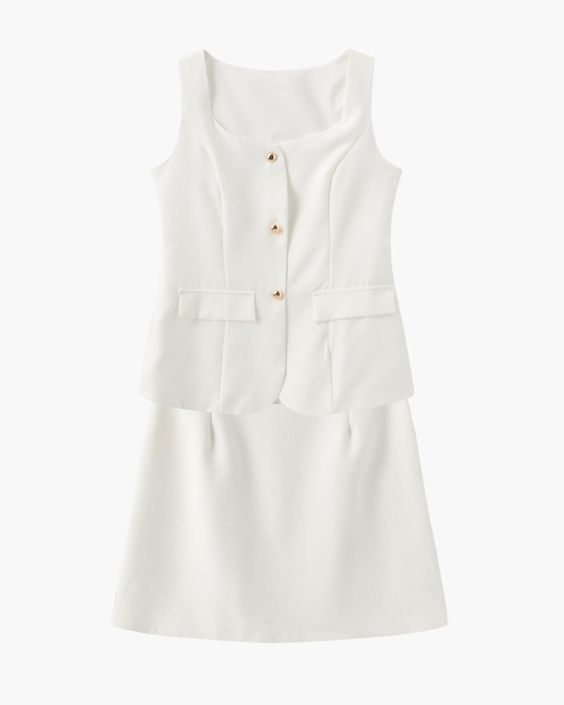 Women's Square-Neck Button Vest and Mini Skirt Set - Ivory