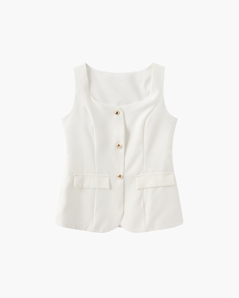 Women's Square-Neck Button Vest and Mini Skirt Set - Ivory