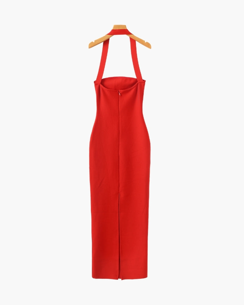 Women's Square-Neck Halter Dress With a Long Hem - Red