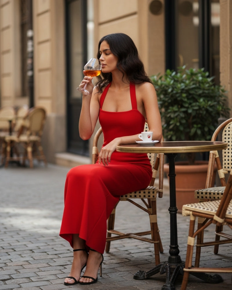 Women's Square-Neck Halter Dress With a Long Hem - Red