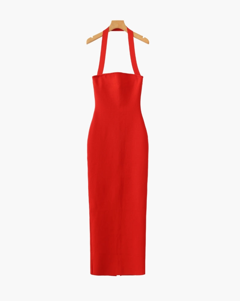 Women's Square-Neck Halter Dress With a Long Hem - Red