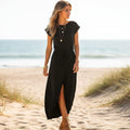 Women's Square Neck Maxi Dress With Side Split - Black