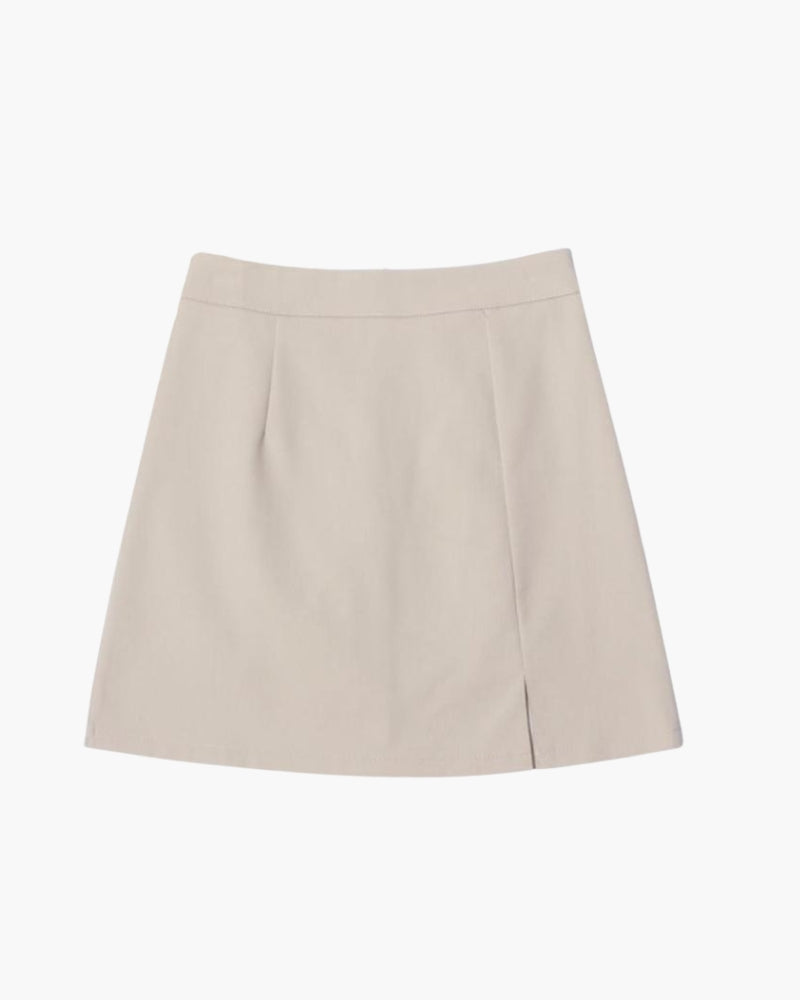 Women's Straight Mini Skirt With a Short Front Slit - Beige