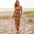 Women's Strapless Striped Knit Maxi Dress With Side Slit - Orange