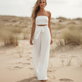 Women's Strapless Wide Leg Jumpsuit With Tie Waist - White