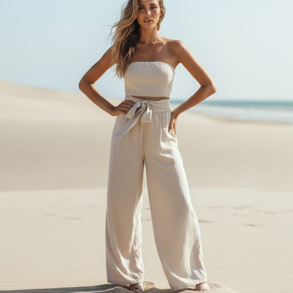 Women's Strapless Wide Leg Jumpsuit With Tie Waist - Khaki