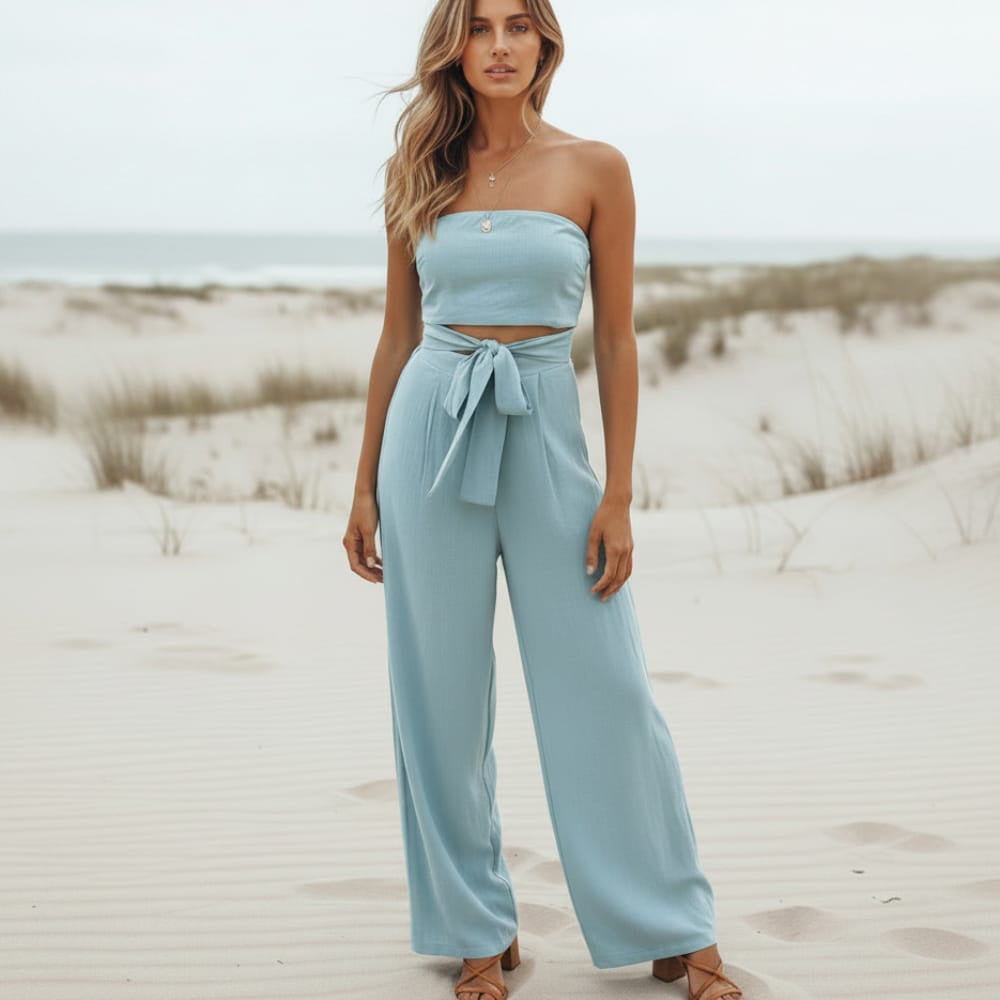 Women's Strapless Wide Leg Jumpsuit With Tie Waist - Light Blue
