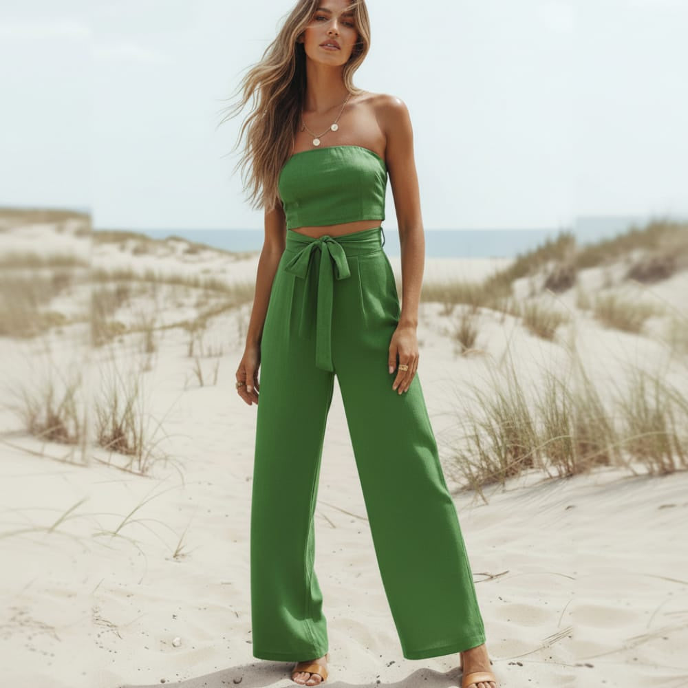 Women's Strapless Wide Leg Jumpsuit With Tie Waist - Green