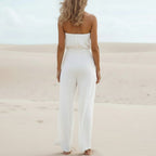Women's Strapless Wide Leg Jumpsuit With Tie Waist - White