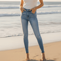 Women's Stretch Skinny Jeans With Mid-Rise Waistband - Light Blue Denim