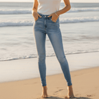 Women's Stretch Skinny Jeans With Mid-Rise Waistband - Light Blue Denim