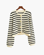 Women's Striped Button Cardigan With Contrast Edges - Ivory