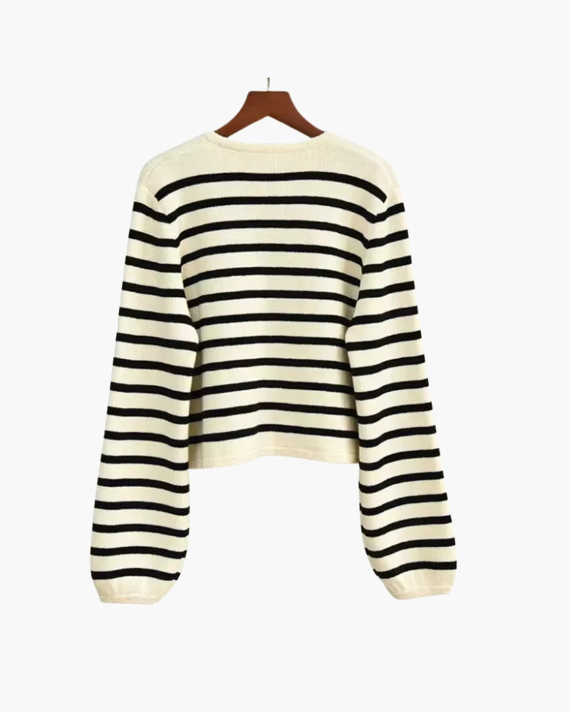 Women's Striped Button Cardigan With Contrast Edges - Ivory