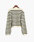 Women's Striped Button Cardigan With Contrast Edges - Ivory