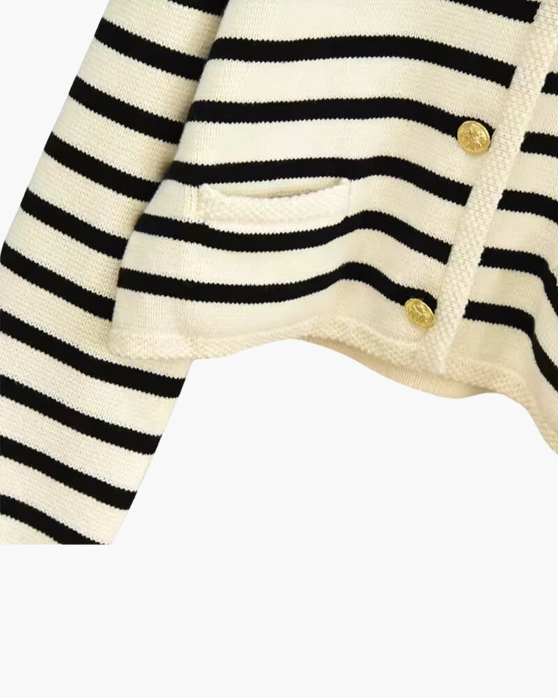 Women's Striped Button Cardigan With Contrast Edges - Ivory