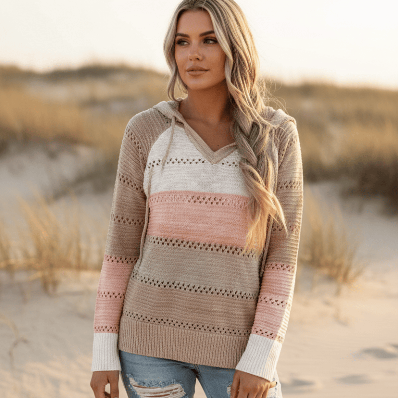 Women's Striped Hooded Pullover With Openwork Knit - Light Brown