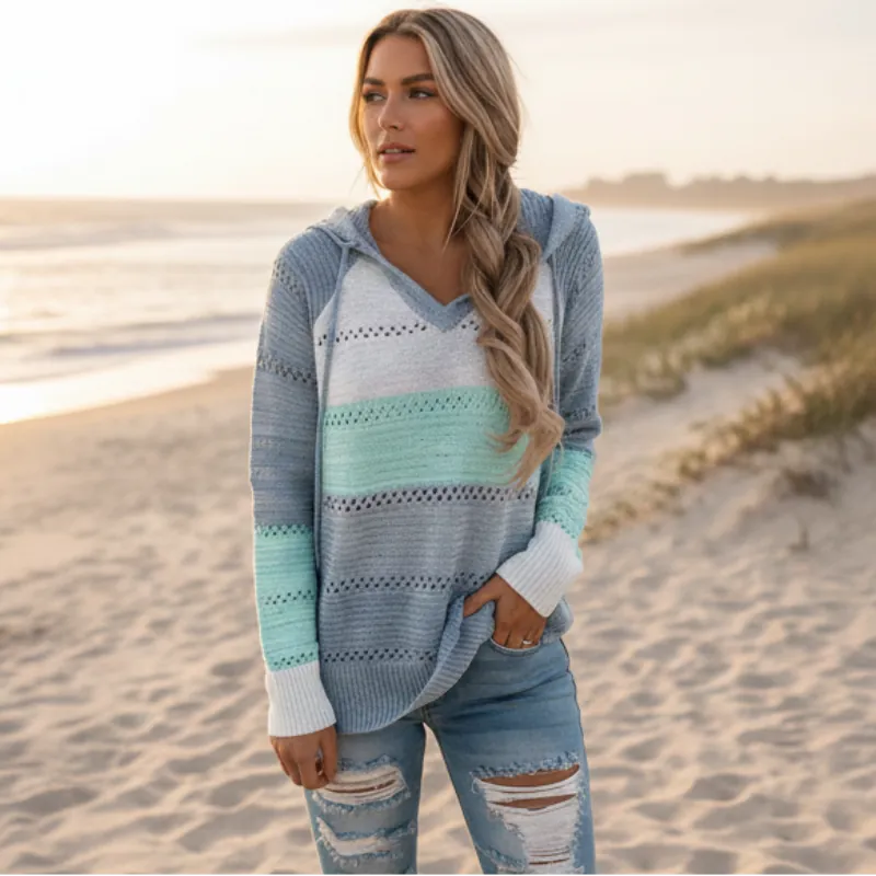 Women's Striped Hooded Pullover With Openwork Knit - Light Blue