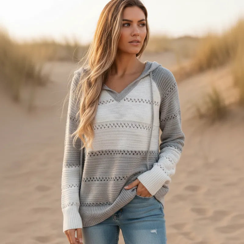 Women's Striped Hooded Pullover With Openwork Knit - Gray