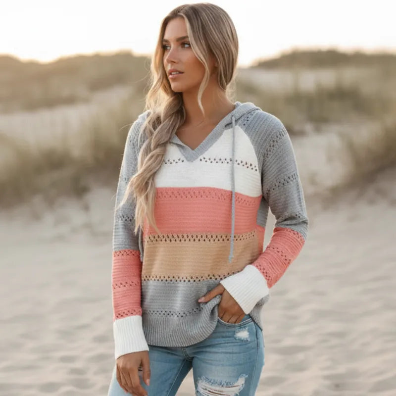 Women's Striped Hooded Pullover With Openwork Knit - Pink Orange