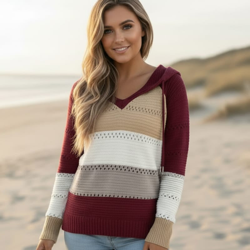 Women's Striped Hooded Pullover With Openwork Knit - Burgundy