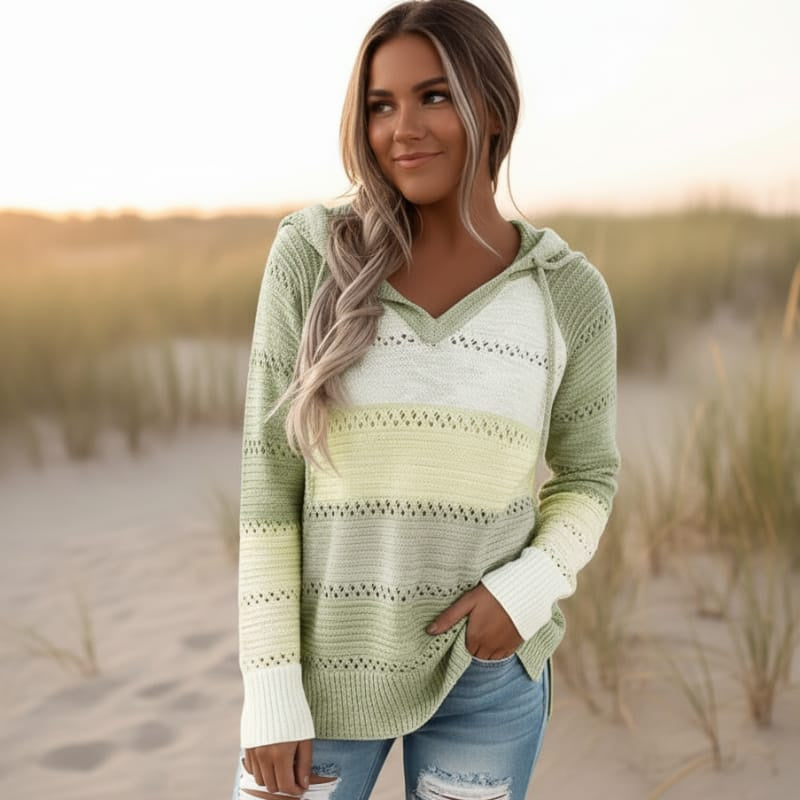 Women's Striped Hooded Pullover With Openwork Knit - Olive Green