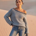 Women's Striped Sweater With Slash Neck and Lantern Sleeves - Blue