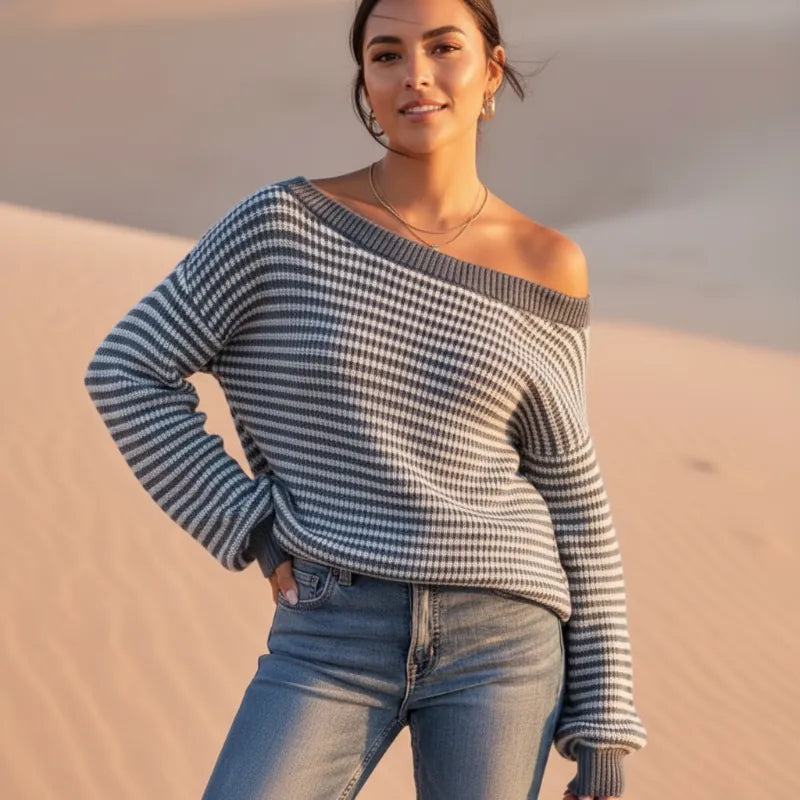 Women's Striped Sweater With Slash Neck and Lantern Sleeves - Blue