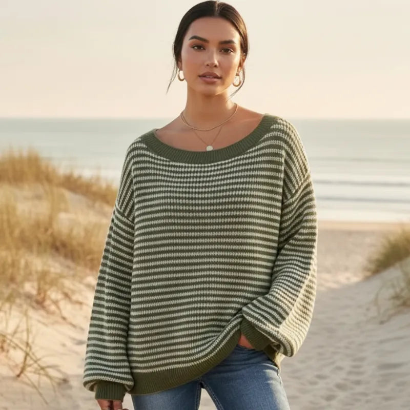 Women's Striped Sweater With Slash Neck and Lantern Sleeves - Green