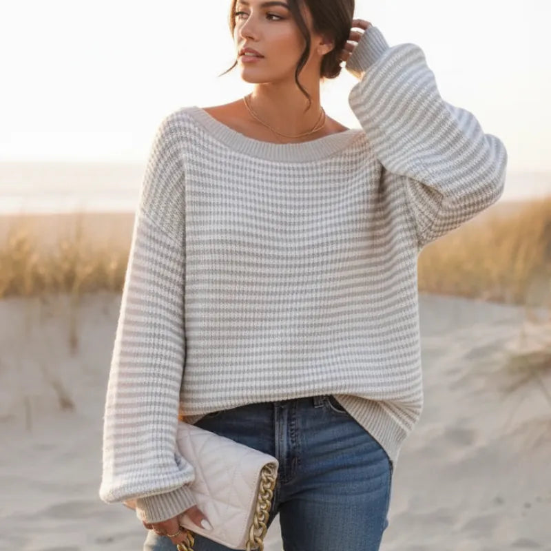 Women's Striped Sweater With Slash Neck and Lantern Sleeves - Gray