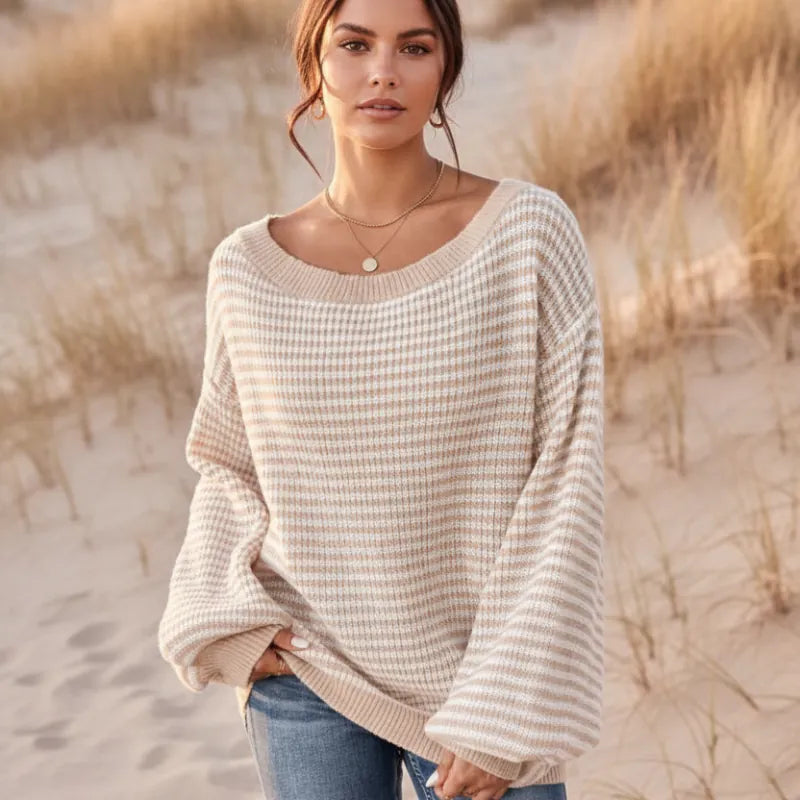 Women's Striped Sweater With Slash Neck and Lantern Sleeves - Beige