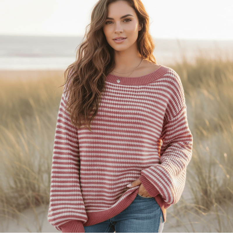 Women's Striped Sweater With Slash Neck and Lantern Sleeves - Red